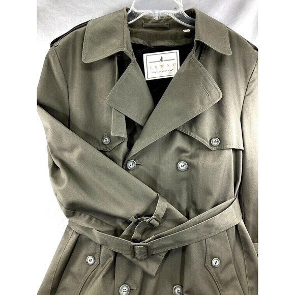 Towne London Fog OverCoat Trench Lined Double Breast Khaki Green 38 40 S - Picture 5 of 14